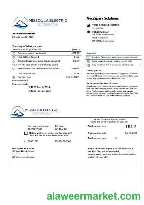 USA Montana Missoula Electric Cooperative electricity business utility bill template in Word and PDF formats